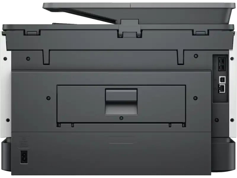 Rear view of HP OfficeJet Pro 9130 All-in-One Printer showing power and network ports.