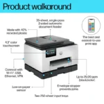 HP OfficeJet Pro 9130 All-in-One Printer with 4.3" touchscreen, ADF, and dual paper trays.
