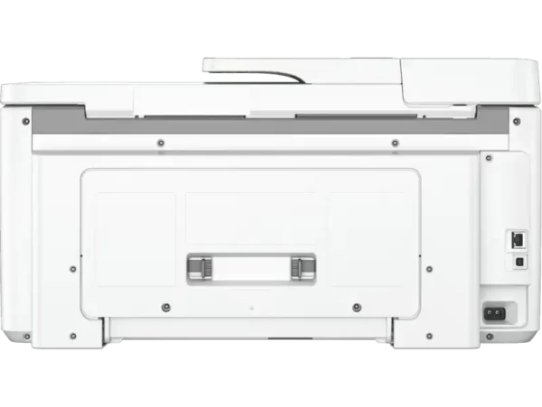 HP OfficeJet Pro 9720 wide format printer back view with ports and paper output tray.