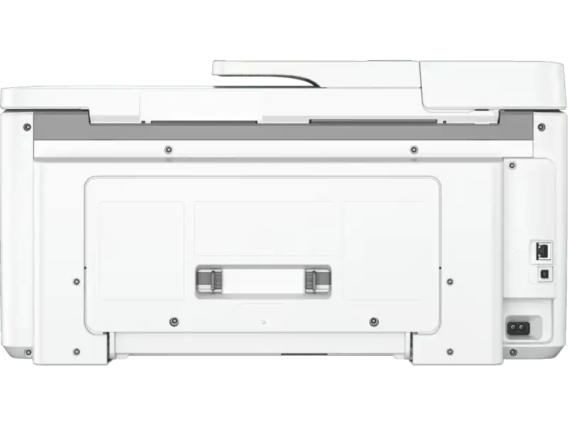 HP OfficeJet Pro 9720 wide format printer back view with ports and paper output tray.