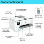 HP OfficeJet Pro 9720 wide format printer with touchscreen, ADF, and A3 printing capabilities.