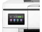HP OfficeJet Pro 9730 wide format printer touchscreen showing scan, print, jobs, and fax options.