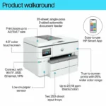 HP OfficeJet Pro 9730 wide format printer with touchscreen, ADF, and Wi-Fi connectivity.