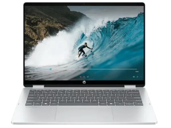 HP OmniBook 5 Flip 2-in-1 laptop silver with 16GB RAM and 14-inch 2K touchscreen displaying a surfer on a wave.