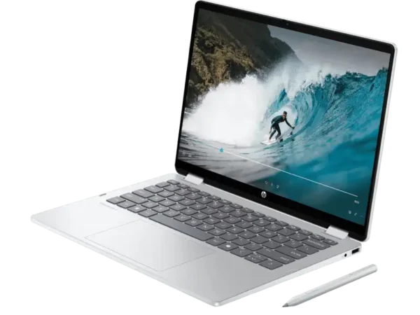 HP OmniBook 5 Flip 2-in-1 laptop in silver with a surfer on a wave displayed on its 14-inch 2K touchscreen.