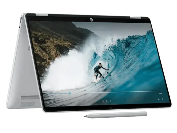 HP OmniBook 5 Flip 2-in-1 laptop in silver, featuring a surfer on a wave on its 14" 2K touchscreen.