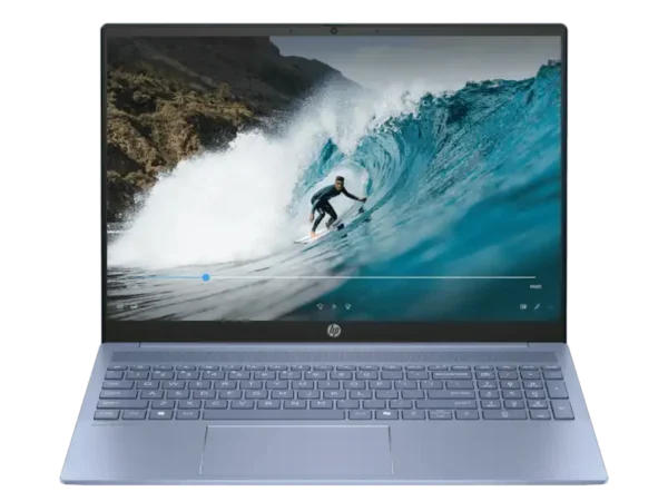 Blue HP OmniBook 5 laptop with a surfer on a wave displayed on screen.