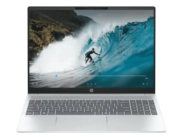 HP OmniBook 5 laptop in silver displays a surfer riding a wave on its screen.