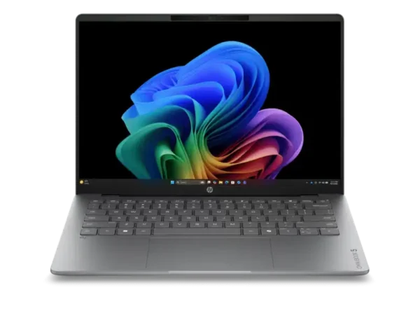 HP OmniBook 5 laptop in silver with a vibrant abstract wallpaper on its screen.