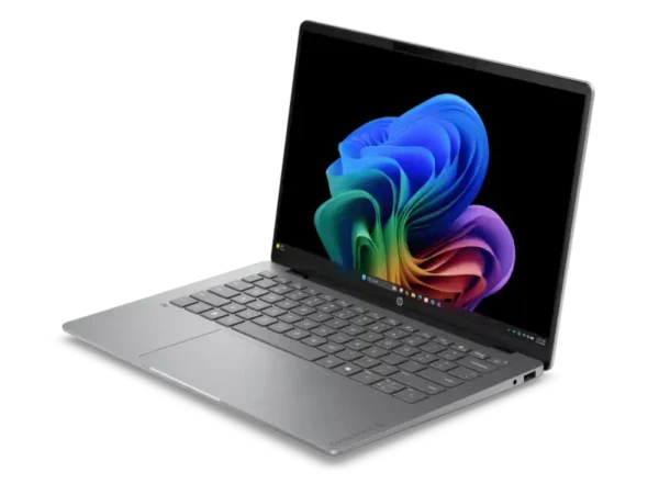 HP OmniBook 5 laptop in silver with a vibrant abstract wallpaper displayed on its screen.
