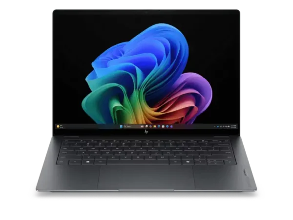 HP OmniBook Ultra 14-kd0081TU laptop in Eclipse Gray with a vibrant abstract wallpaper.