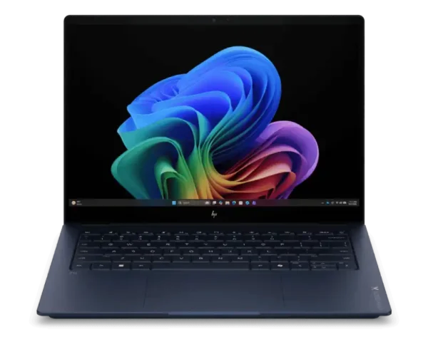 HP OmniBook X laptop in blue with a vibrant abstract wallpaper on its 14-inch OLED touchscreen.