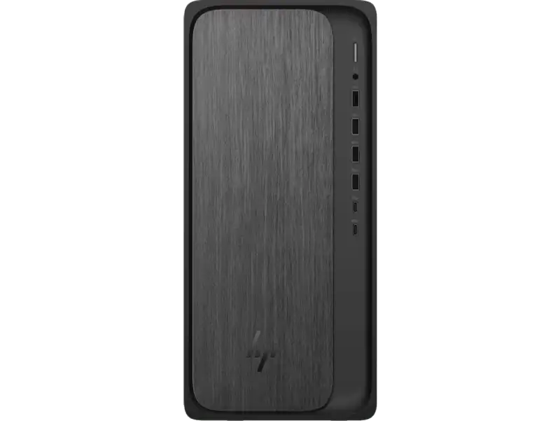 HP OmniDesk M02-0005in desktop PC with textured gray front panel and side ports.