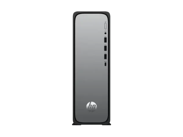 HP OmniDesk Slim Desktop S03-0007in PC with HP logo, featuring side ports and a sleek silver finish.