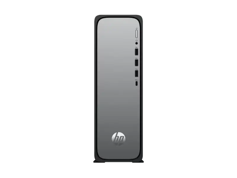 HP OmniDesk Slim Desktop S03-0007in PC with HP logo, featuring side ports and a sleek silver finish.