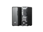 HP OmniDesk Slim Desktop S03-0007in PC front and back views with ports and fan.