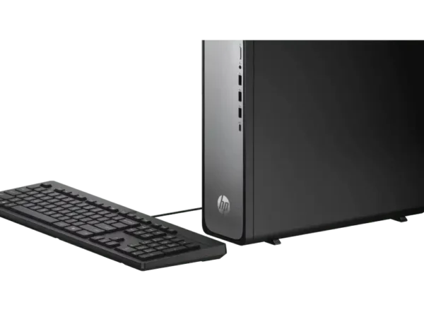 HP OmniDesk Slim Desktop S03-0007in PC with keyboard, featuring HP logo.