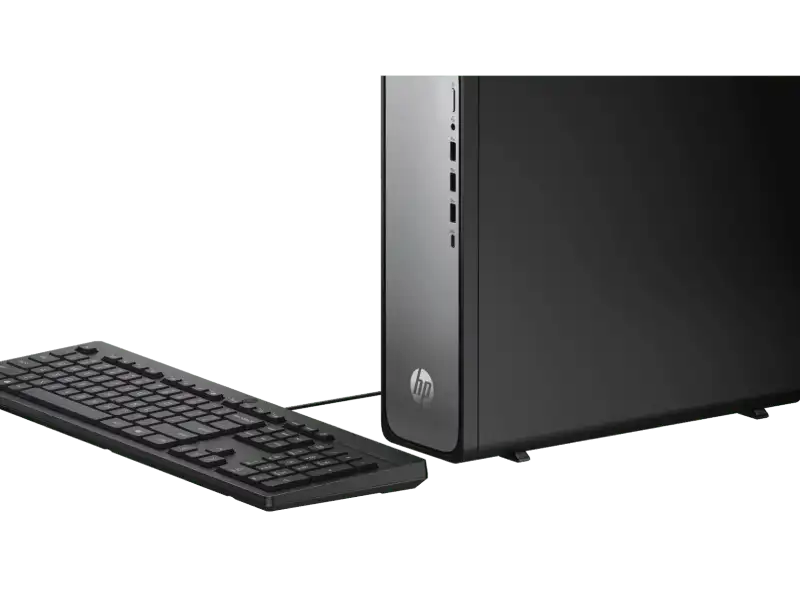 HP OmniDesk Slim Desktop S03-0007in PC with keyboard, featuring HP logo.