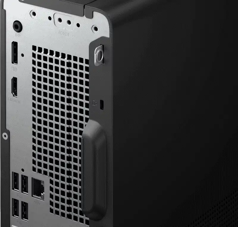 HP OmniDesk Slim Desktop S03-0745in PC rear panel with USB, HDMI, and audio ports.