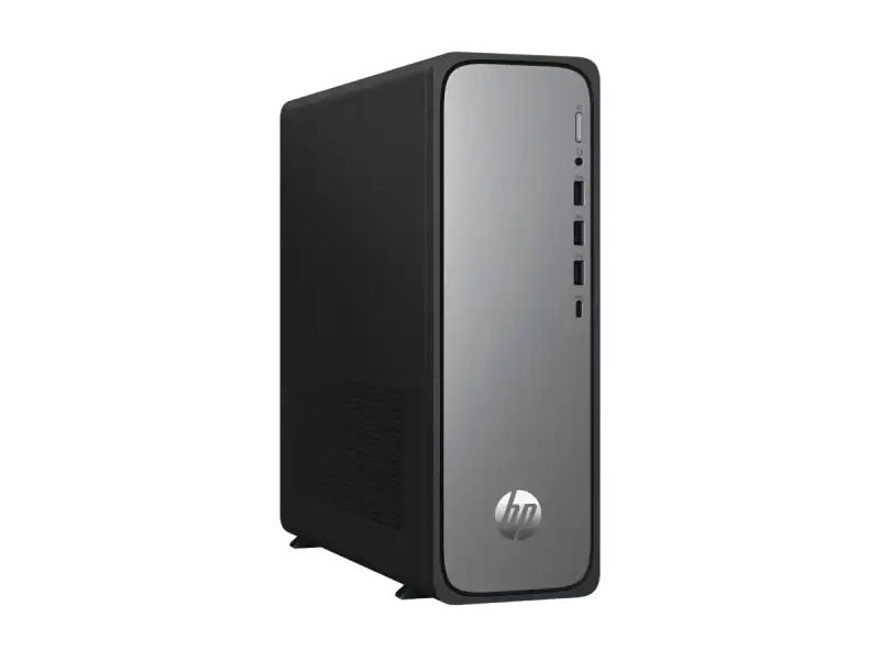 HP OmniDesk Slim Desktop S03-0745in PC front panel with power button, USB ports, and HP logo.
