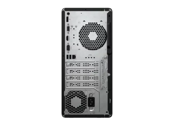 Back panel of HP Pro Tower 280 G9 PCI desktop PC showing ports and fans.