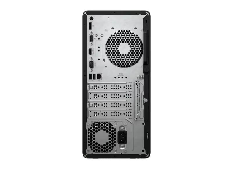 Back panel of HP Pro Tower 280 G9 PCI desktop PC showing ports and fans.