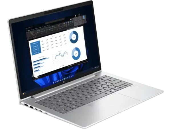 HP ProBook 440 G11 business laptop in silver with a 14-inch screen displaying charts and spreadsheets.