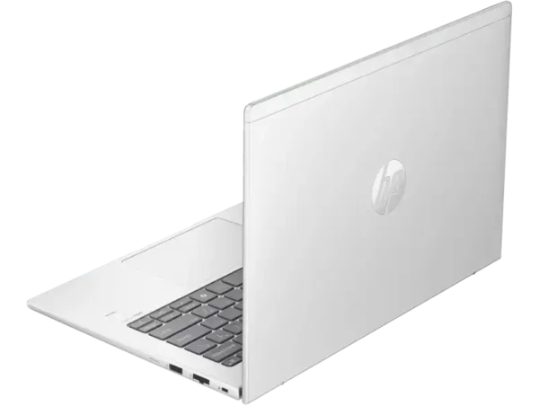Silver HP ProBook 445 G11 business laptop with HP logo on lid.