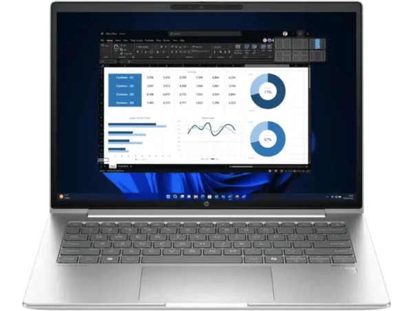HP ProBook 445 G11 business laptop in silver displays charts and graphs on its 14-inch screen.