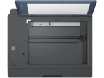 HP Smart Tank 525 All-in-One printer with open lid showing scanner bed and paper guides.