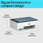 HP Smart Tank 525 All-in-One printer with dimensions: height 157.26 mm, depth 361.53 mm, width 434.66 mm.