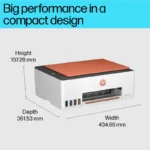 HP Smart Tank 529 all-in-one printer with compact design and dimensions 434.66mm width, 361.53mm depth, 157.26mm height.