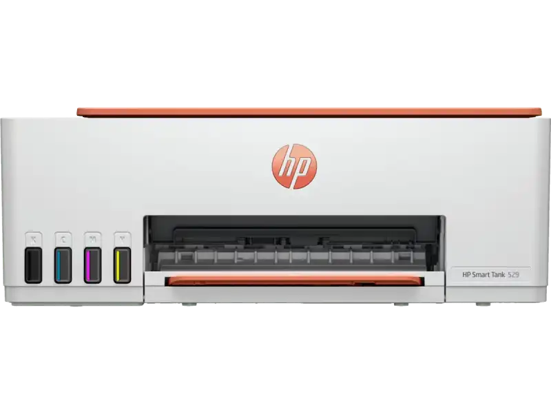 HP Smart Tank 529 all-in-one printer with color ink tanks and HP logo.