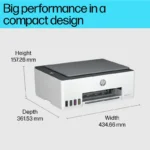 HP Smart Tank 580 All-in-One printer in compact white and grey design with dimensions shown.
