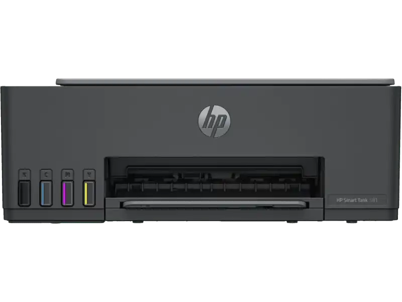 HP Smart Tank 581 All-in-One Printer with HP logo and color ink indicators.