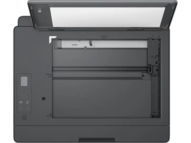 HP Smart Tank 581 all-in-one printer with open scanner lid and paper guides.