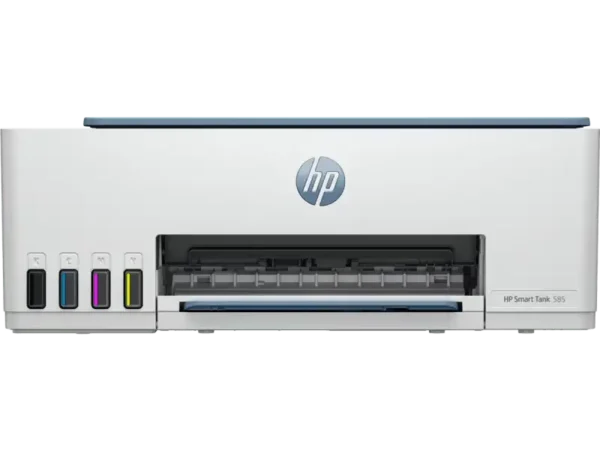 HP Smart Tank 585 all-in-one color inkjet printer with ink tanks and HP logo.