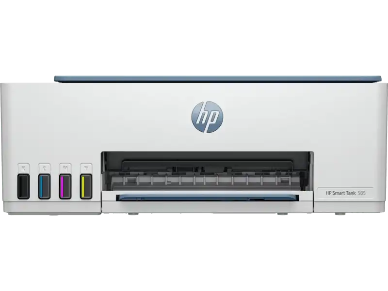 HP Smart Tank 585 all-in-one color inkjet printer with ink tanks and HP logo.