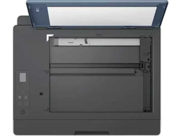HP Smart Tank 585 All-in-One color inkjet printer with open scanner lid and control panel.
