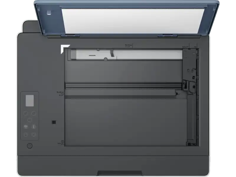 HP Smart Tank 585 All-in-One color inkjet printer with open scanner lid and control panel.