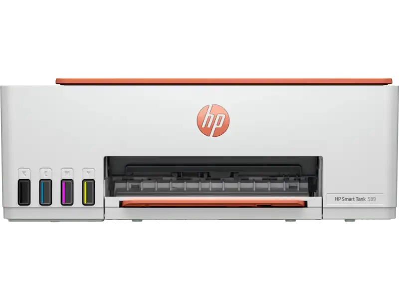 HP Smart Tank 589 All-in-One color inkjet printer with USB interface and LED indicators.