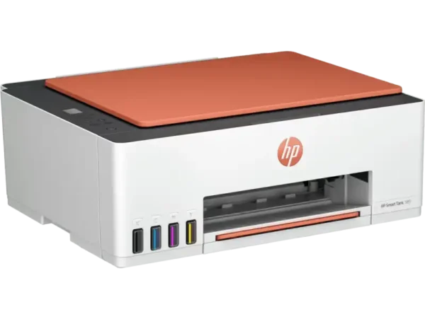 HP Smart Tank 589 All-in-One color inkjet printer with HP logo and ink cartridges.