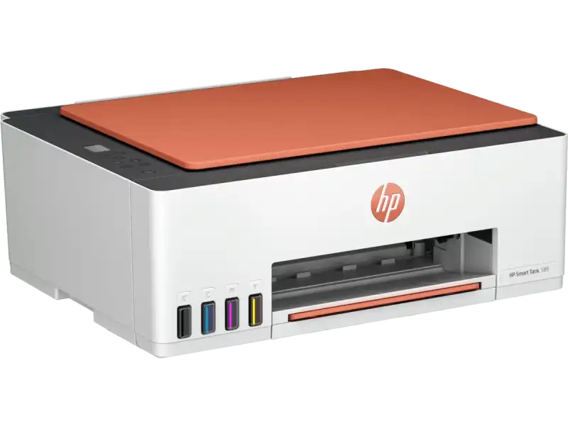 HP Smart Tank 589 All-in-One color inkjet printer with HP logo and ink cartridges.