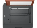 HP Smart Tank 589 All-in-One printer with open scanner lid and control panel.