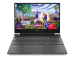 HP Victus 15-fa2495TX silver gaming laptop displaying a colorful fantasy game on its 15.6-inch screen.