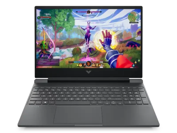 HP Victus 15-fa2497TX silver gaming laptop with 15.6" FHD 144Hz display and RTX 3050A graphics.