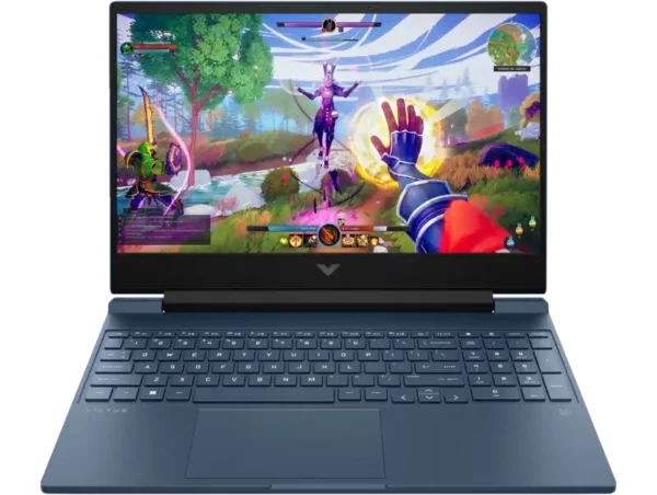 HP Victus 15-fa2554TX blue gaming laptop with 15.6" FHD 144Hz screen displaying a vibrant game.