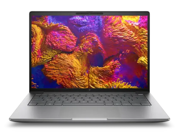 HP ZBook 8 G1ak 14-inch mobile workstation in silver with vibrant abstract wallpaper.