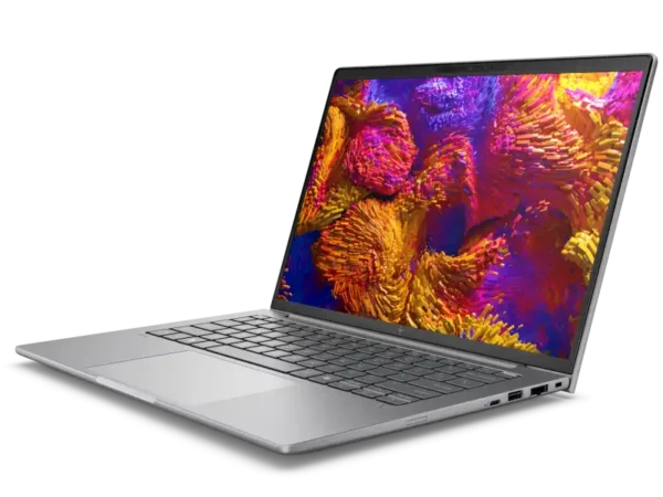 HP ZBook 8 G1ak 14-inch mobile workstation in silver with vibrant display.