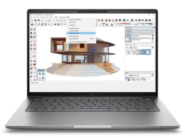 HP ZBook 8 G1i 14-inch mobile workstation with SketchUp software open on screen.
